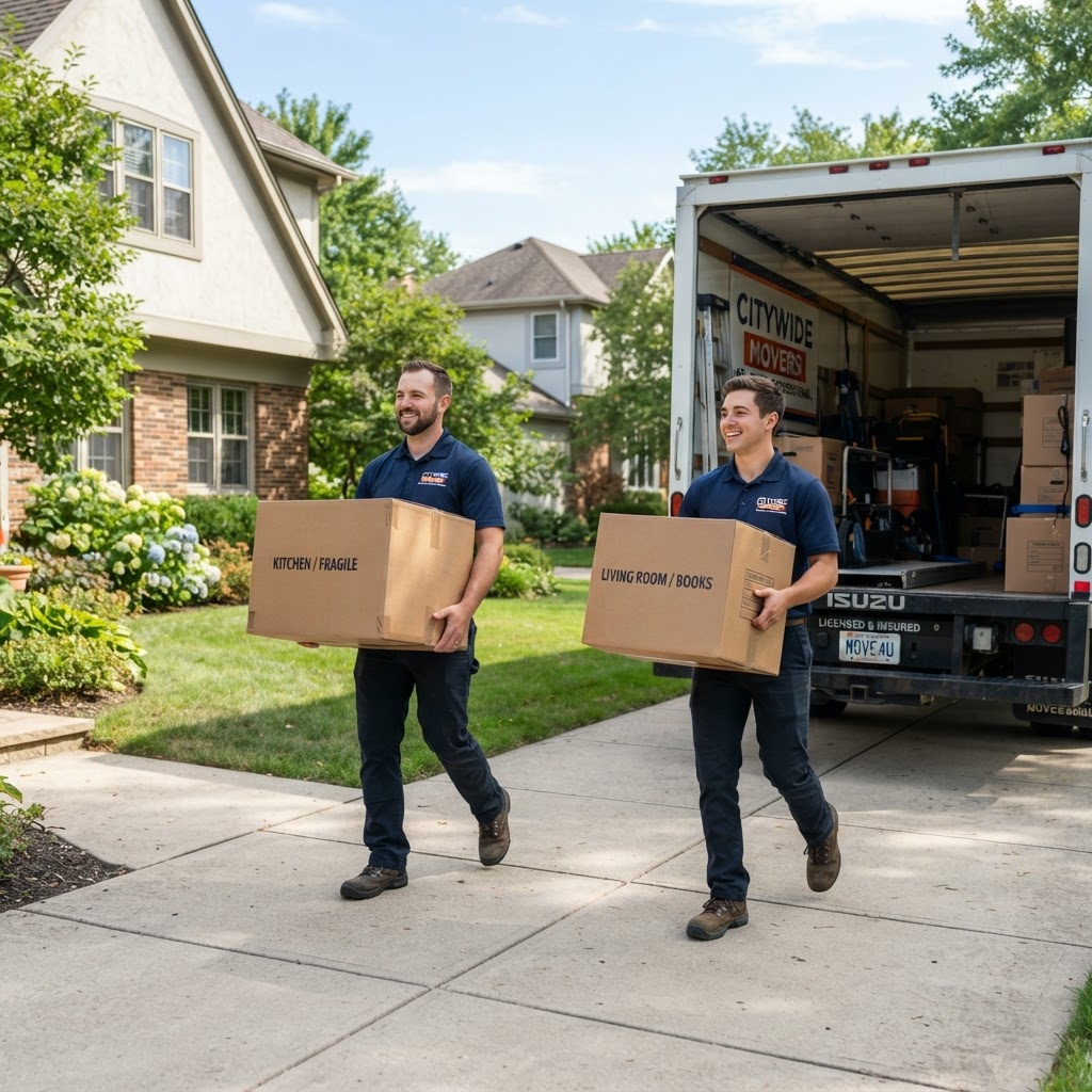 Professional LetsMove24 movers loading boxes into a moving truck