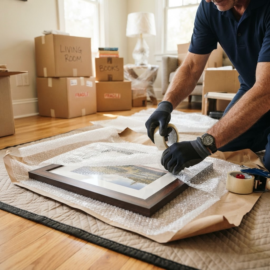 A LetsMove24 mover carefully wrapping a framed picture in protective packing material